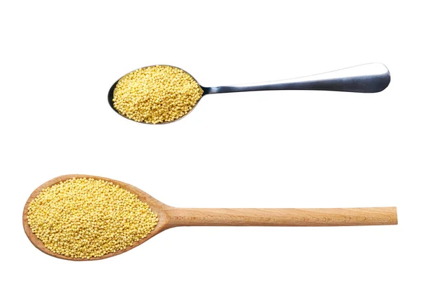 Metal Wooden Spoon Millet Yellow Grains Isolated White Background Top — 스톡 사진