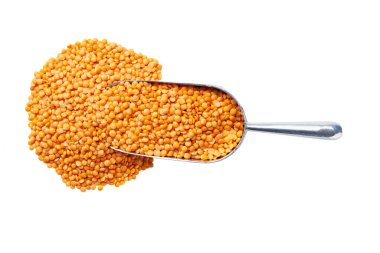 Beyaz arka planda izole edilmiş organik kırmızı mercimek kepçesi ya da küçük metal kaşık.