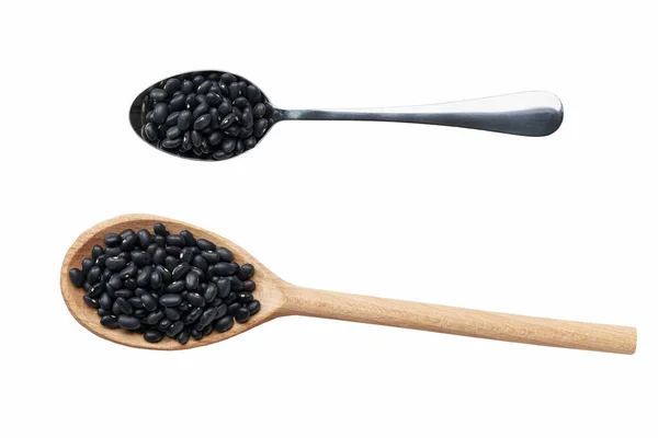 Metal Wooden Spoon Organic Black Beans Urad Dal Black Gram — Stok fotoğraf