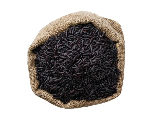 Organic Thai Black Jasmine Rice Sack Isolated White Background Black — Zdjęcie stockowe