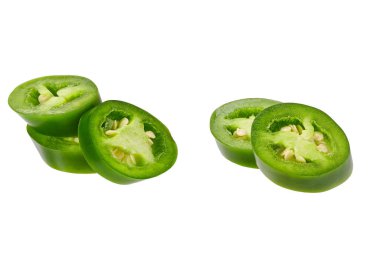 green jalapeno chili pepper cut in pieces  isolated on white background.