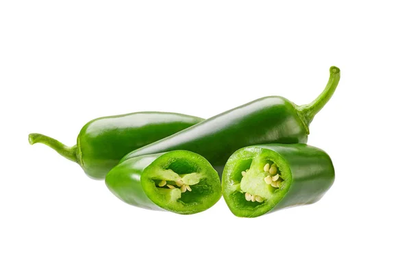 Whole Chopped Fresh Green Jalapeno Pepper Isolated White Background Clipping — Stockfoto