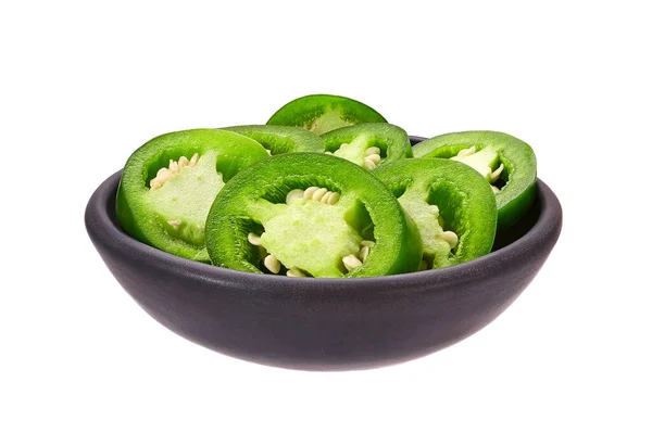 Organic Green Cut Chili Pepper Pieces Black Ceramic Bowl Isolated — Fotografia de Stock