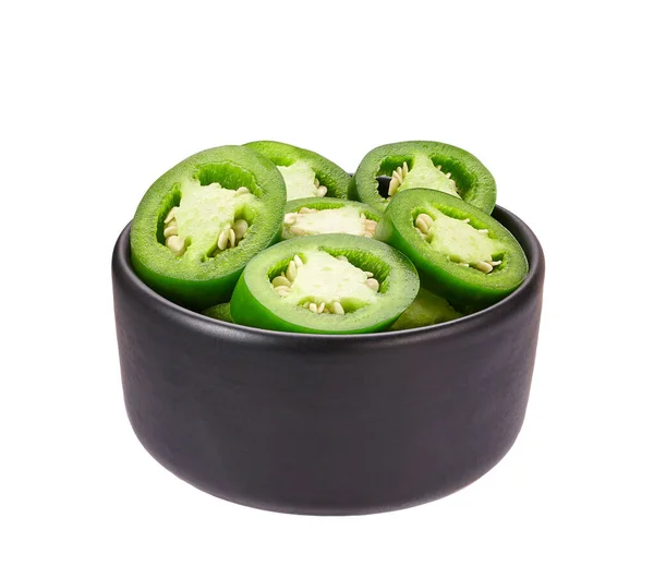 Organic Green Cut Chili Pepper Pieces Black Ceramic Bowl Isolated — Fotografia de Stock