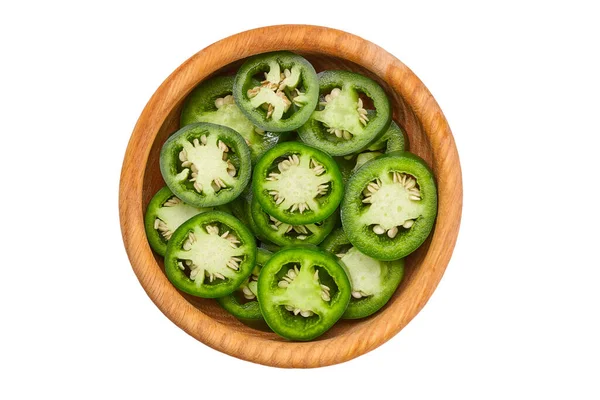 Sliced Chili Peppers Wooden Plate Isolated White Background Top View — Stock Fotó