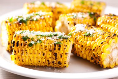 grilled corn with salt and spices on a white plate close-up.