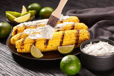 Elote, grilled corn mexican street food , roasted cobs are slathered in sour cream sauce, seasoned with chili powder and sprinkled with cilantro.