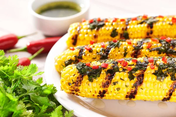 Bowl Delicious Mexican Street Corn Spices Light Background — 스톡 사진