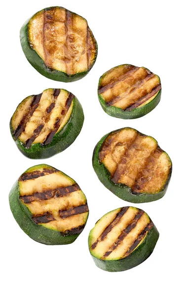 Falling Grilled Zucchini Rounds Slice Isolated White Background Healthy Vegetarian — Stockfoto