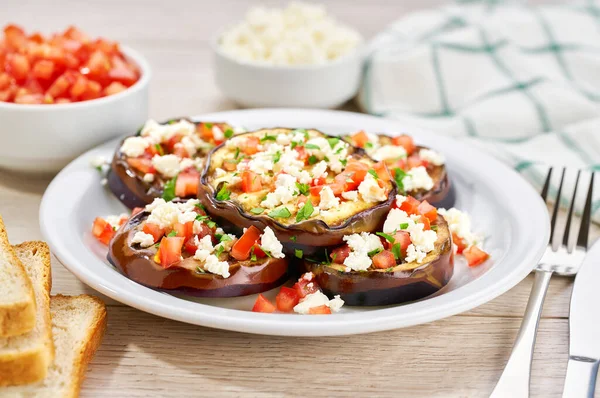 Homemade Eggplant Salad Cheese Tomatoes White Table Healthy Food Vegan — 스톡 사진