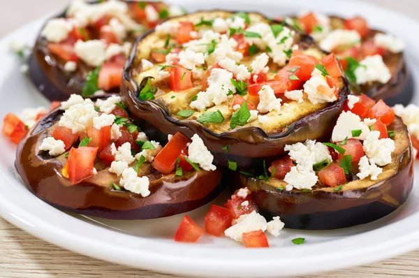 Salad Grilled Aubergine Cheese Tomatoes White Bowl Selective Focus Healthy — 스톡 사진