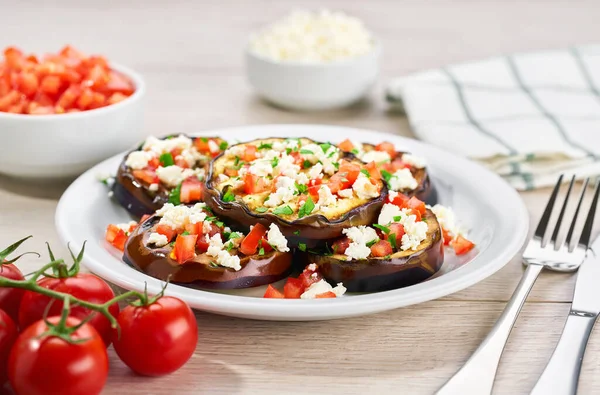 Grilled Aubergine Cheese Cherry Tomatoes Species White Table Baked Eggplant — 스톡 사진