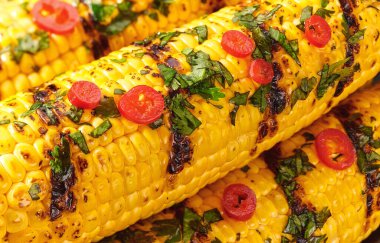 mexican hot grilled corn with chili pepper and cilantro close up.