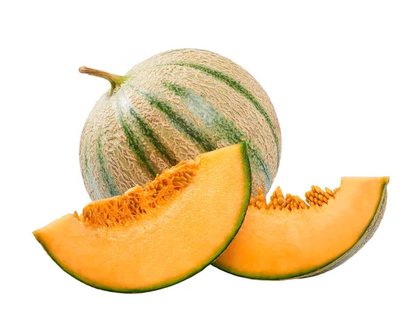 Whole Half Japanese Melon Cantaloupe Melon Isolated White Background — Stock Photo, Image