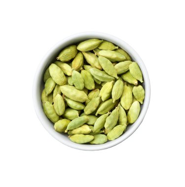 Ceramic bowl with dry cardamom seeds isolated on white, top view.