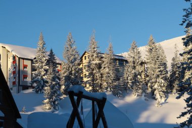 Dağlardaki karlı bir ormanın ortasında bir yerleşim yeri.