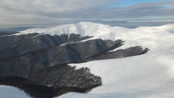 令人惊奇的空中飞行覆盖了多雾的山脉，草地和积雪覆盖了山顶在冬季。Gymba山乌克兰喀尔巴阡山脉4k航空视图. — 图库视频影像