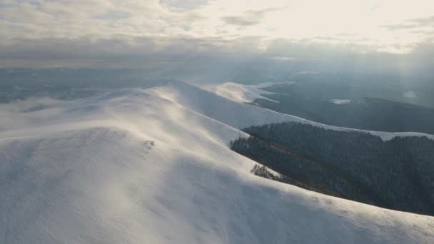 Incredibile volo aereo sopra la catena montuosa nebbiosa, prati e cime innevate in inverno. Monte Gymba, Carpazi ucraini. Vista aerea 4k. — Video Stock