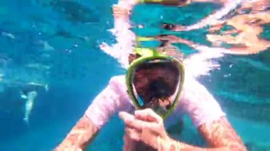 Tüplü dalış, açık denizde maskeli bir adam suyun altında bir şeyi açıklamaya çalışıyor..