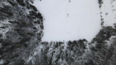 Karla kaplı bir ormanın havadan çekilmiş fotoğrafı. Karla kaplı tepelerin kış manzarası. Nefes kesici doğal manzara, donmuş orman ve karanlık dağ nehri..