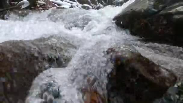 カルパチアの冬の滝、静的な計画。石に水が当たります。閉鎖 — ストック動画