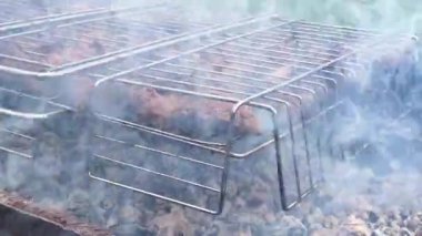Barbeküde ızgara tabağına yakın çekim. Izgara şiş ızgara. Kömür pişirilmiş et. BBC 'deki metal şişte lezzetli yemekler. Piknik zamanı. Yemek festivali. Kazıkta domuz eti. Kızarmış domuz.