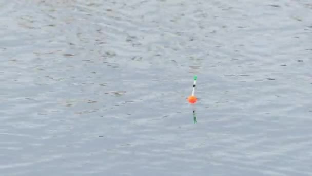 Κοντινό πλάνο ενός κόκκινου και πράσινου άρματος ψαρέματος που αιωρείται στα κύματα ενώ ψαρεύει με καλάμι ψαρέματος στο ποτάμι. — Αρχείο Βίντεο
