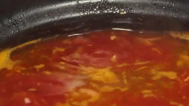 Large hot pot of homemade red borscht. A variant of beet, tomato, and cabbage soup. Borscht is boiling in a saucepan on the stove. — Vídeos de Stock