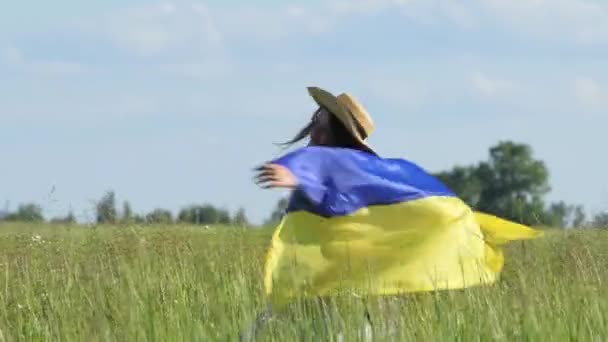 Szczęśliwa Ukraińska Kobieta Spacerująca Flagą Narodową Świeżym Powietrzu Zielonym Polu — Wideo stockowe