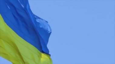 Ukrayna 'nın son derece detaylı kumaş dokuma bayrağı. Ukrayna bayrağının yavaşça dalgalanan gökyüzü mavi ve sarı ulusal renk Ukrayna sarı-mavi. Ulusal sembolü sallayan Ukrayna bayrağı.