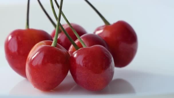 Fresh Ripe Cherry Close Rotated Organic Red Cherries Isolated White — 图库视频影像