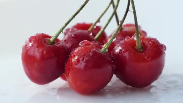 Fresh Ripe Cherry Close Rotated Organic Red Cherries Isolated White — Vídeo de Stock