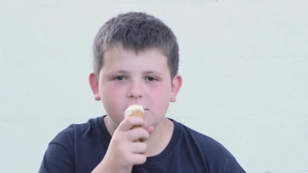 Little Fat Boy Eats Ice Cream Street Satisfied Facial Expression — Stock Video