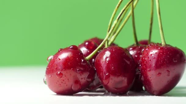 Fresh Juicy Red Cherry Berry Rotate Green Background — Video