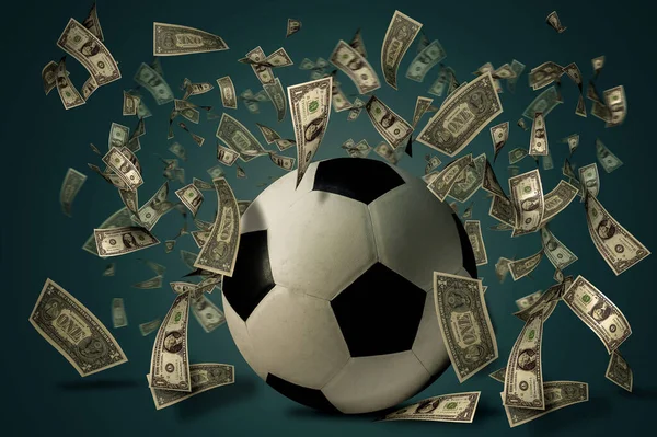 Dolar banknotları olan futbol topu. Bahis fikirleri