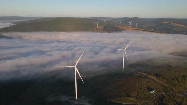Ветряная электростанция в утреннем тумане. Аэрофотосъемка — стоковое видео