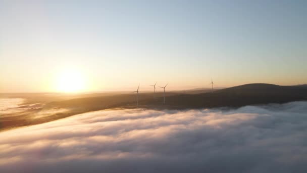 Parque eólico en la niebla al amanecer. Fotografía aérea — Vídeo de stock