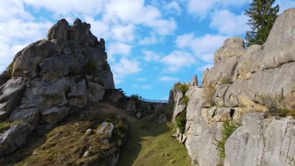 Flygdrönare utsikt över berömda Tustan fästning. Ukrainska medeltida Cliff-side monument i nationalparken — Stockvideo