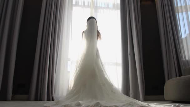Schöne Braut am Fenster — Stockvideo