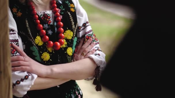 Ukrainian national costume. Necklace. Close-up — стокове відео
