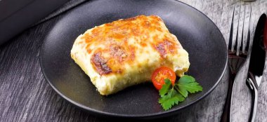 Fırında seramik tabakta pişirilmiş et ve domates soslu lazanya. Ev yapımı bolonez lazanya, köy usulü.