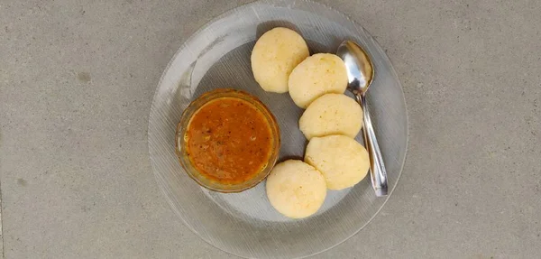 Rava Idly Sambar Idli Sambhar Transparent Plate 流行的南印度人早餐 — 图库照片