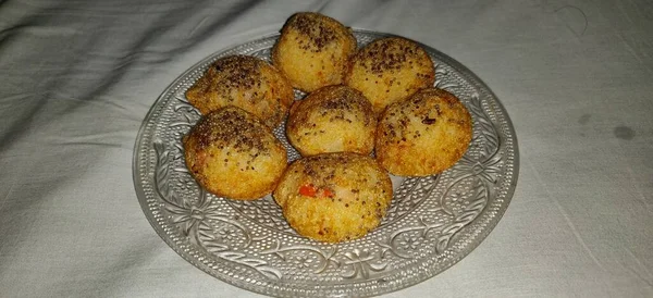 Suji Appe Appam Served Transparent Plate Peanuts Tamarind Chutney — Stockfoto