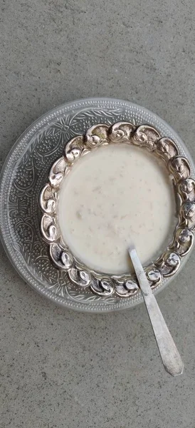 Close Arroz Cremoso Kheer Khir Decorado Com Frutas Secas Sobremesa — Fotografia de Stock