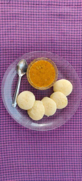 Idly Sambar Idli Sambhar Και Πράσινη Σάλτσα Δημοφιλή Πρωινό Νότιας — Φωτογραφία Αρχείου