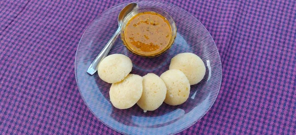 Idly Sambar Idli Sambhar Green Sauce Popular South Indian Breakfast — Stockfoto