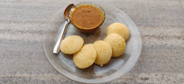 Idly Sambar Idli Sambhar Και Πράσινη Σάλτσα Δημοφιλή Πρωινό Νότιας — Φωτογραφία Αρχείου