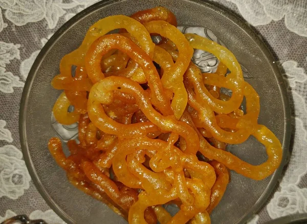 Crispy Sweet Jalebi Jilapi Zulbia Mushabak Eller Zalabia Vit Oval — Stockfoto