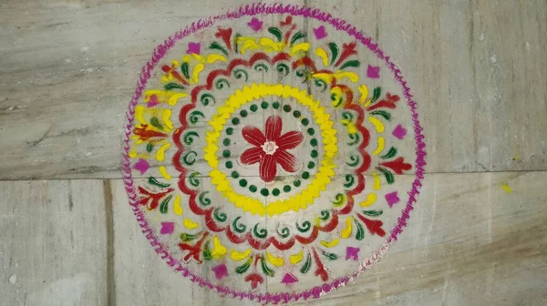 Rangoli Design Una Forma Arte Hecha Durante Uso Colores Polvo — Foto de Stock