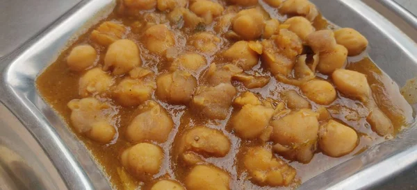 Fűszeres Chickpea Curry Chana Masala Tálban Hagyományos Indiai Étel Szelektív — Stock Fotó